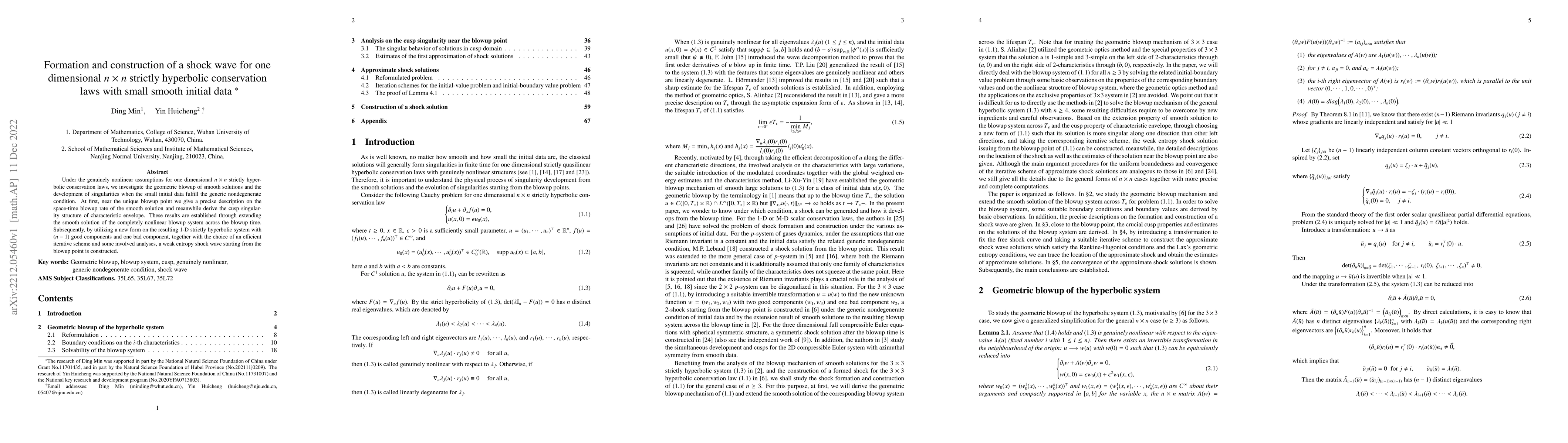 Thumbnail for Formation and construction of a shock wave for one dimensional $n\times
  n$ strictly hyperbolic conservation laws with small smooth initial data