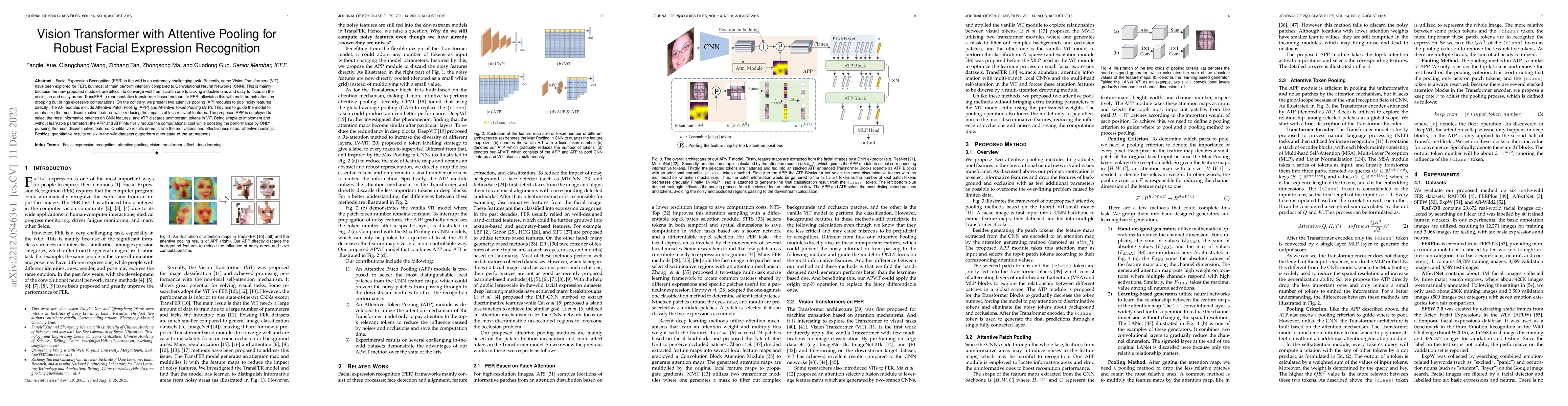 Thumbnail for Vision Transformer with Attentive Pooling for Robust Facial Expression
  Recognition