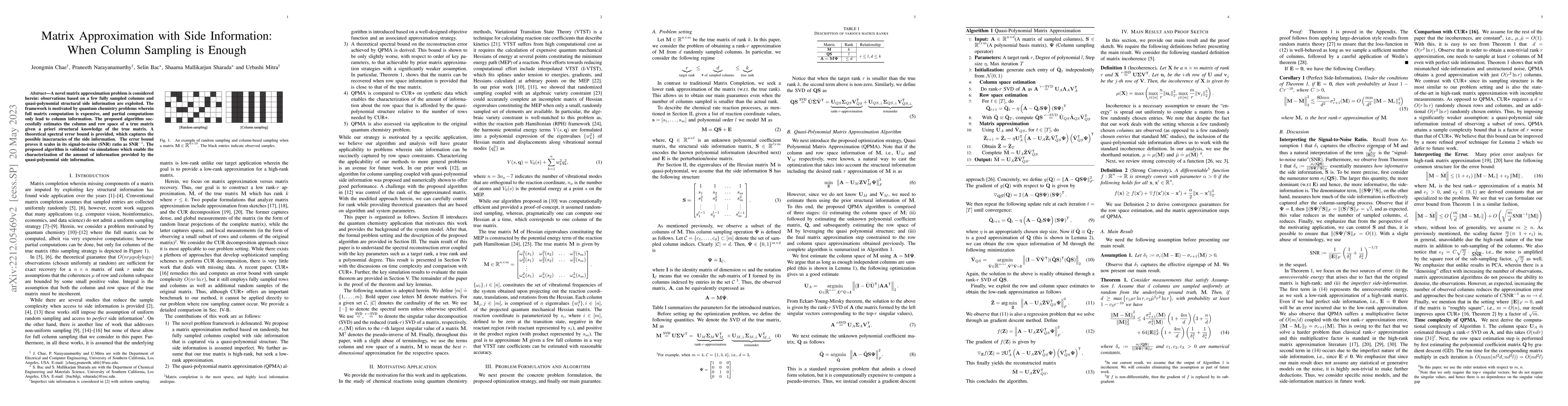 Thumbnail for Matrix Approximation with Side Information: When Column Sampling is
  Enough