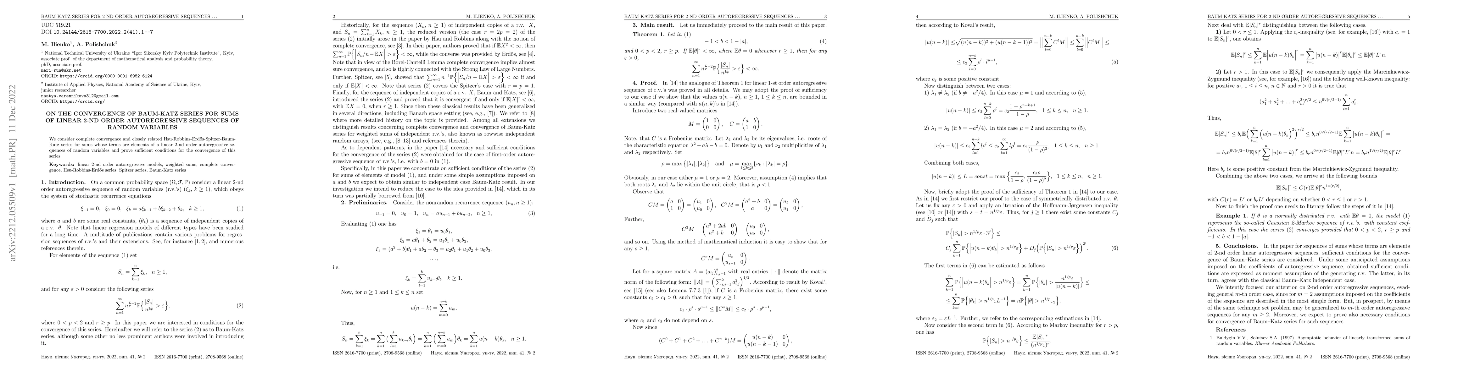 Thumbnail for On the convergence of Baum-Katz series for sums of linear 2-nd order
  autoregressive sequences of random variables