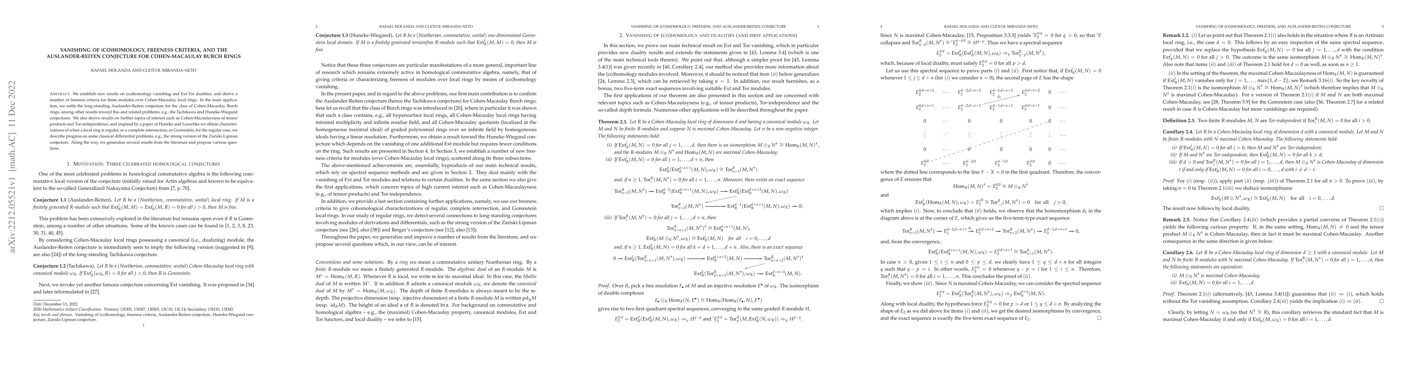 Thumbnail for Vanishing of (co)homology, freeness criteria, and the Auslander-Reiten
  conjecture for Cohen-Macaulay Burch rings