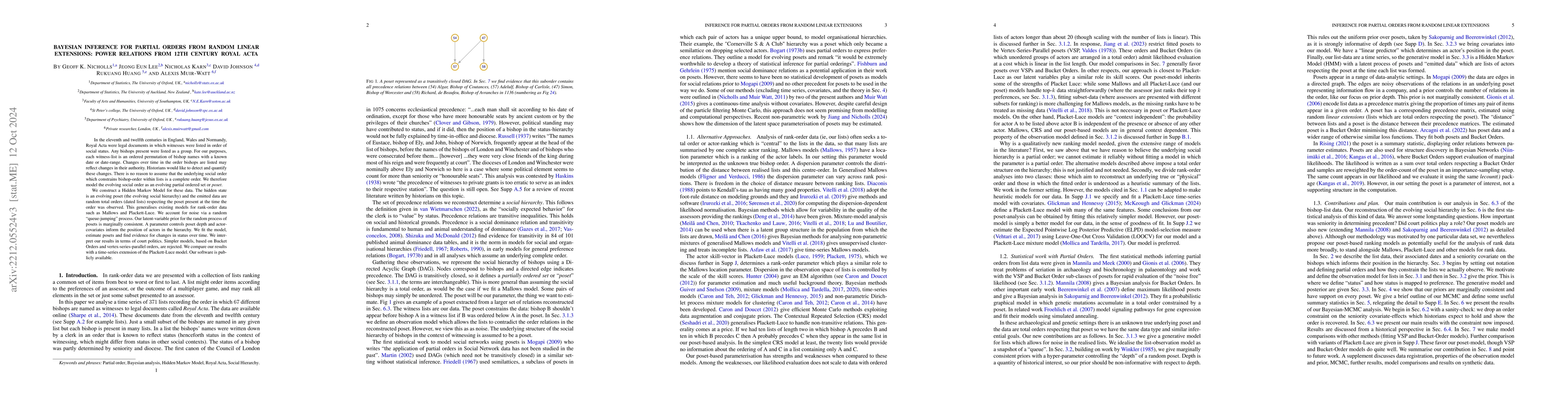 Thumbnail for Bayesian inference for partial orders from random linear extensions:
  power relations from 12th Century Royal Acta