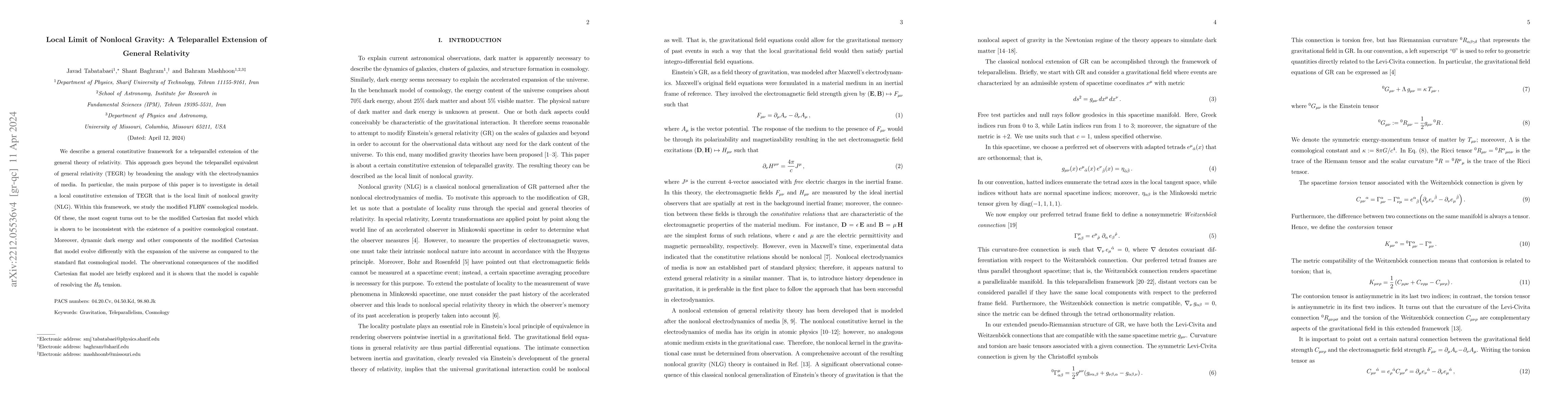 Thumbnail for Local Limit of Nonlocal Gravity: A Teleparallel Extension of General
  Relativity