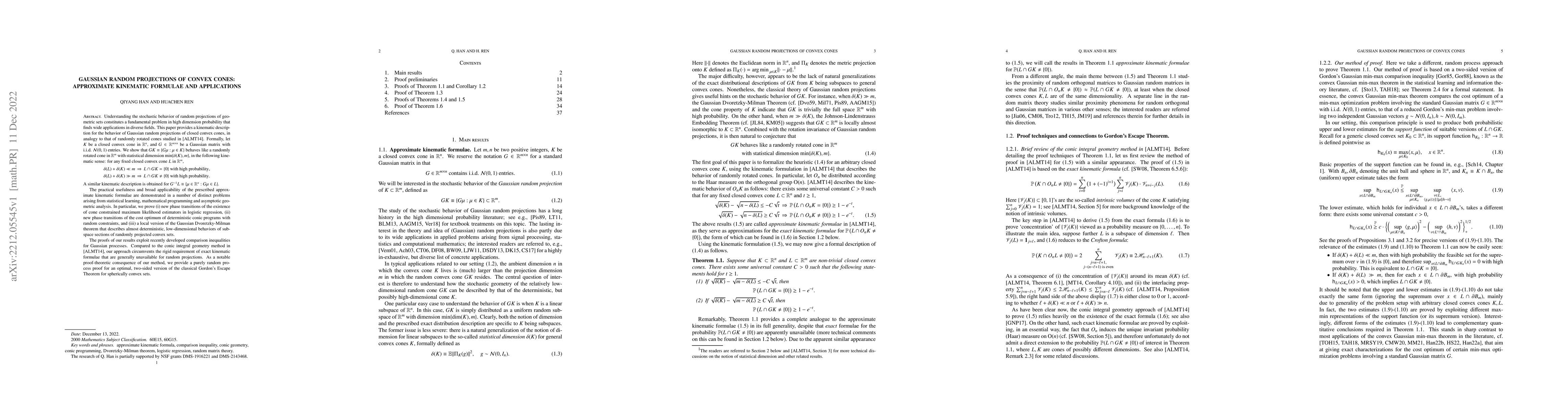 Thumbnail for Gaussian random projections of convex cones: approximate kinematic
  formulae and applications