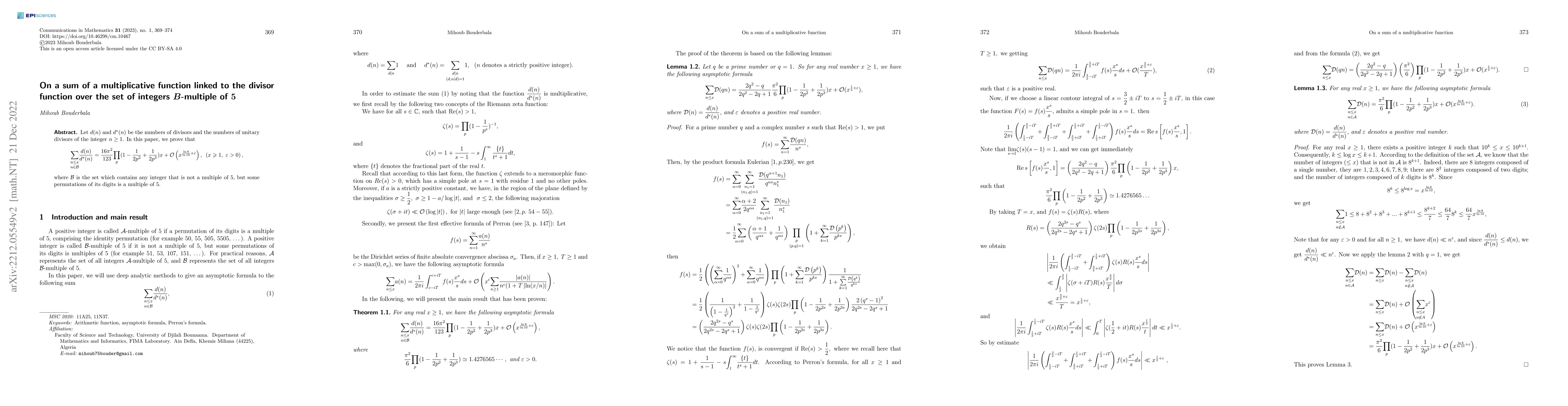 Thumbnail for On a sum of a multiplicative function linked to the divisor function
  over the set of integers B-multiple of 5