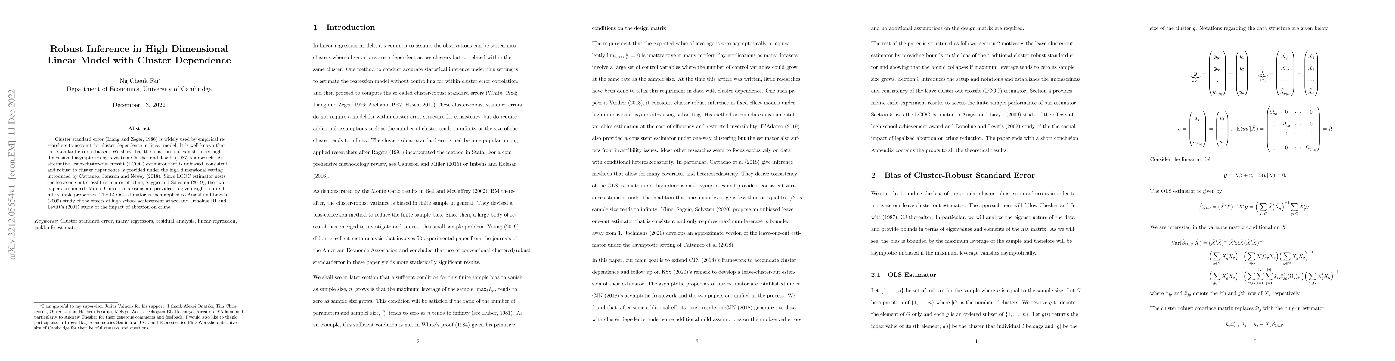 Thumbnail for Robust Inference in High Dimensional Linear Model with Cluster
  Dependence