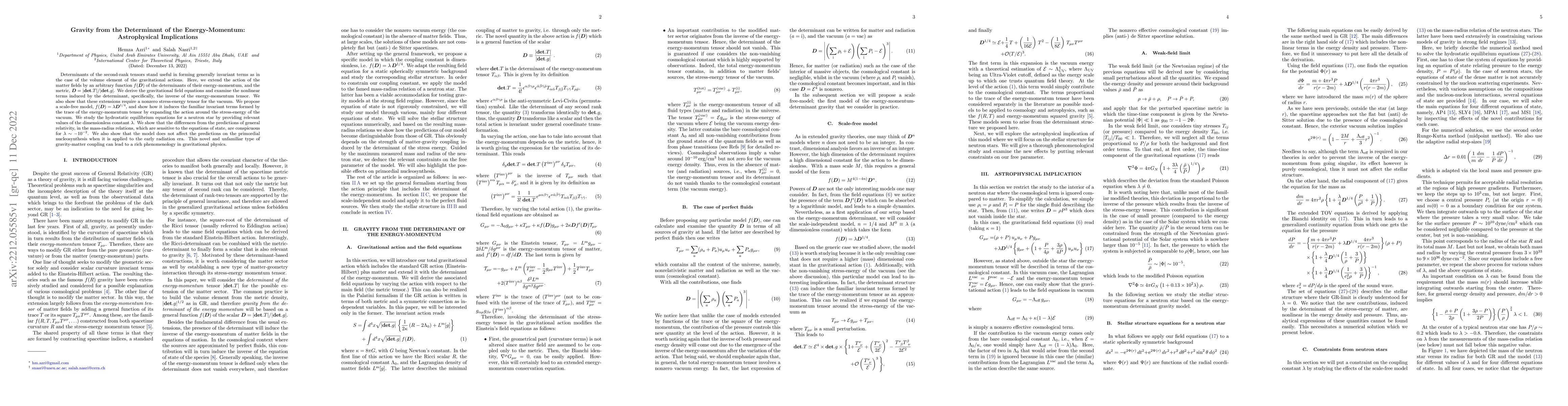 Thumbnail for Gravity from the Determinant of the Energy-Momentum: Astrophysical
  Implications