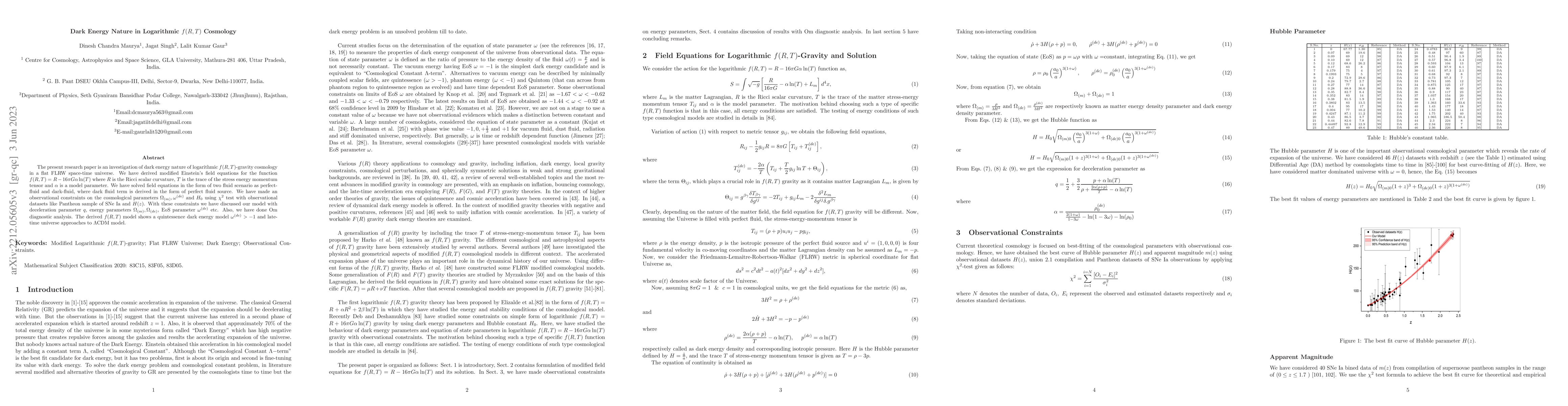 Thumbnail for Dark Energy Nature in Logarithmic $f(R,T)$ Cosmology