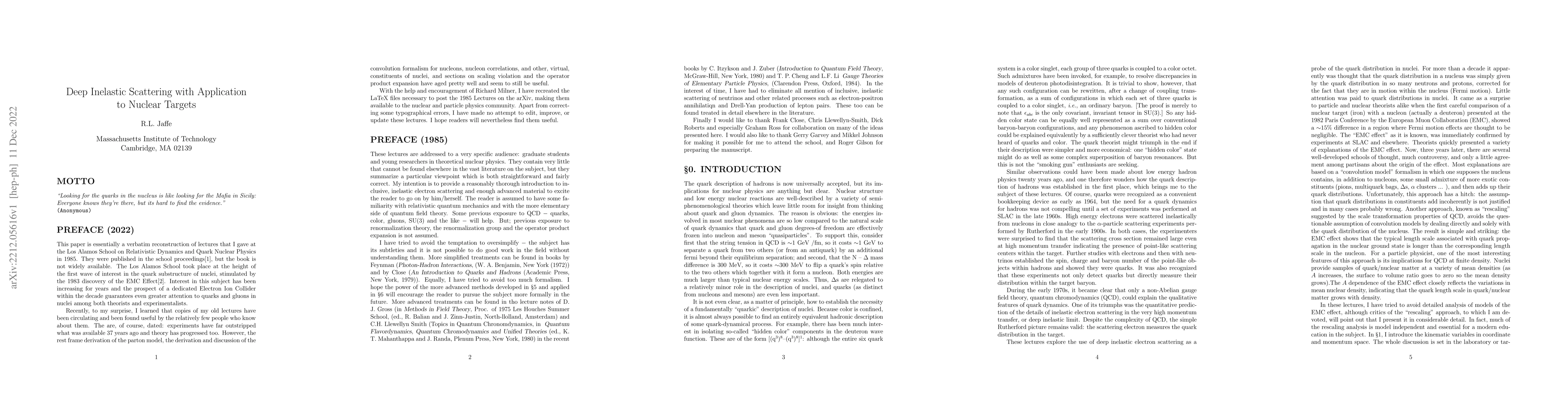 Thumbnail for Deep Inelastic Scattering with Application to Nuclear Targets: Lectures
  at the 1985 Los Alamos School on Relativistic Dynamics and Quark Nuclear
  Physics