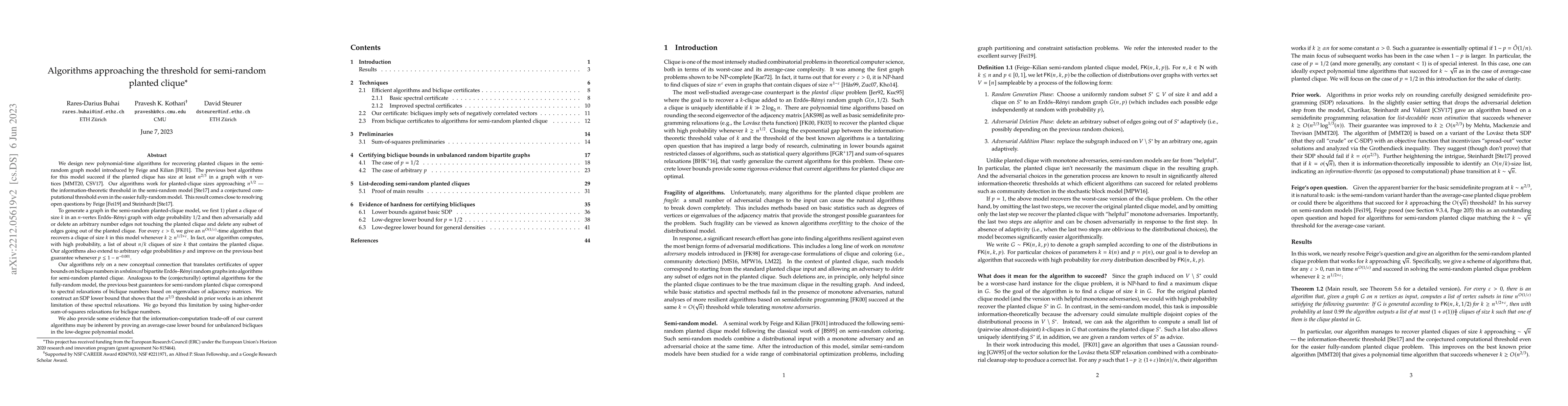 Thumbnail for Algorithms approaching the threshold for semi-random planted clique