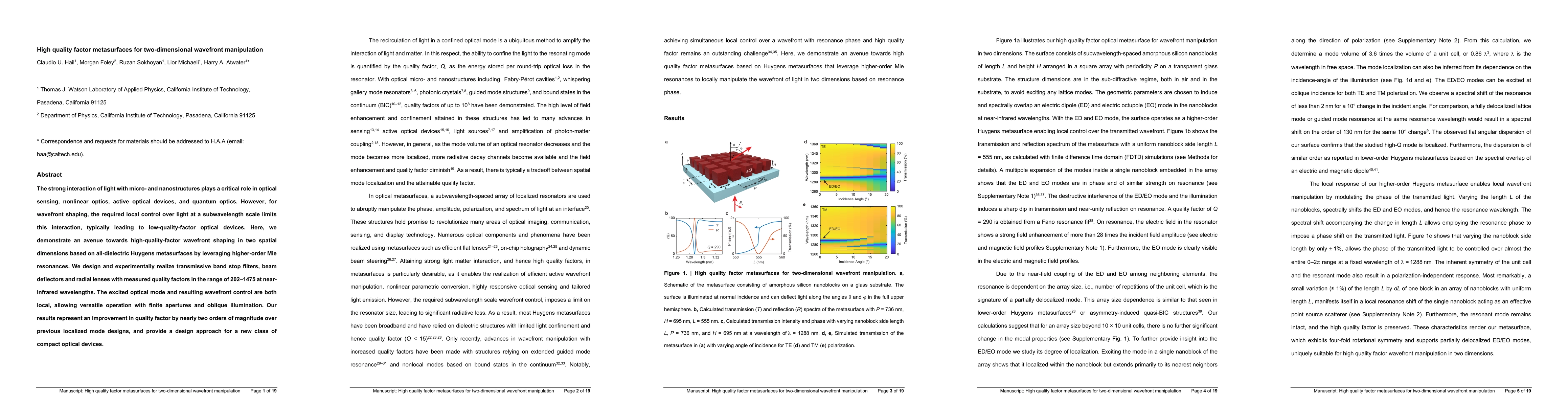 Thumbnail for High quality factor metasurfaces for two-dimensional wavefront
  manipulation