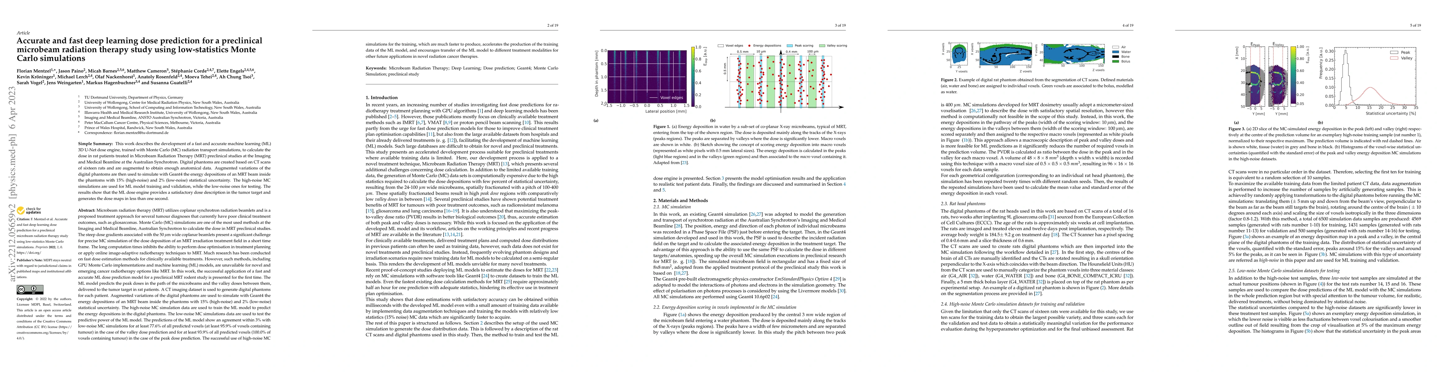 Thumbnail for Accurate and fast deep learning dose prediction for a preclinical
  microbeam radiation therapy study using low-statistics Monte Carlo
  simulations