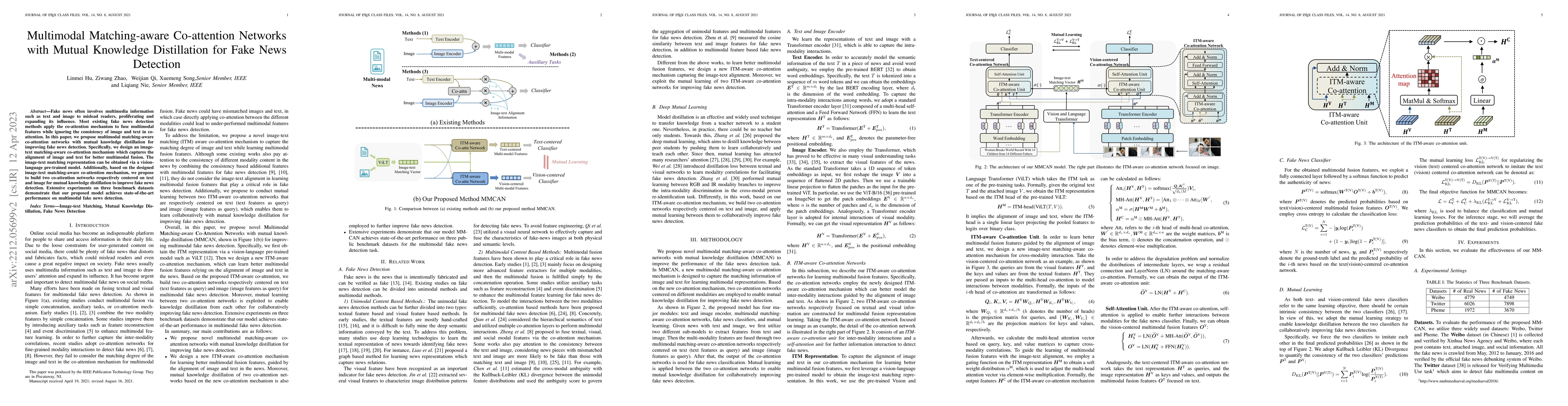 Thumbnail for Multimodal Matching-aware Co-attention Networks with Mutual Knowledge
  Distillation for Fake News Detection