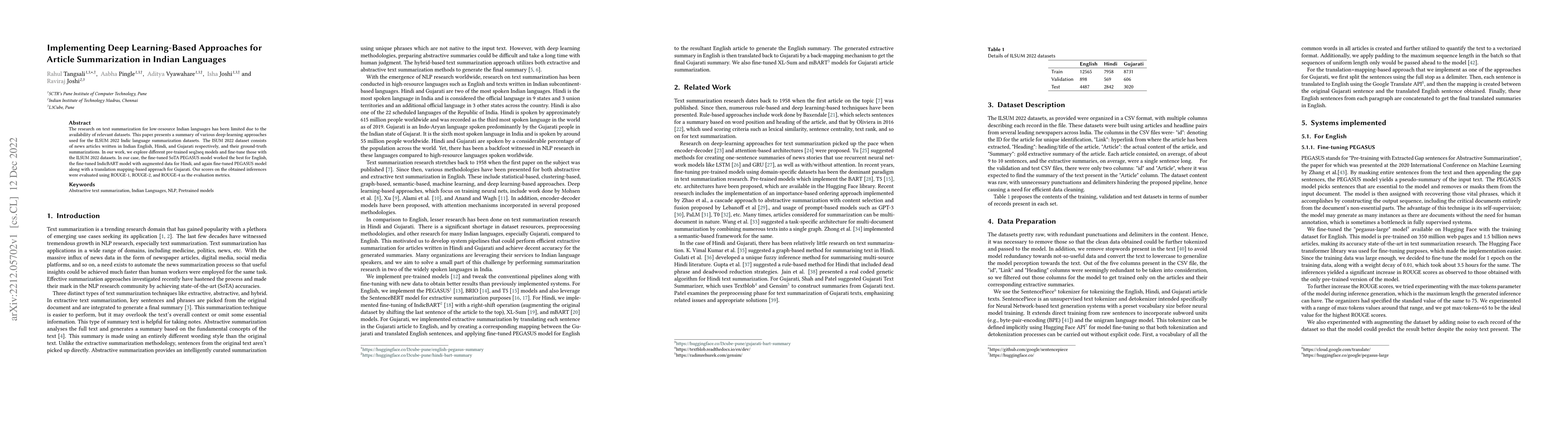Thumbnail for Implementing Deep Learning-Based Approaches for Article Summarization in
  Indian Languages