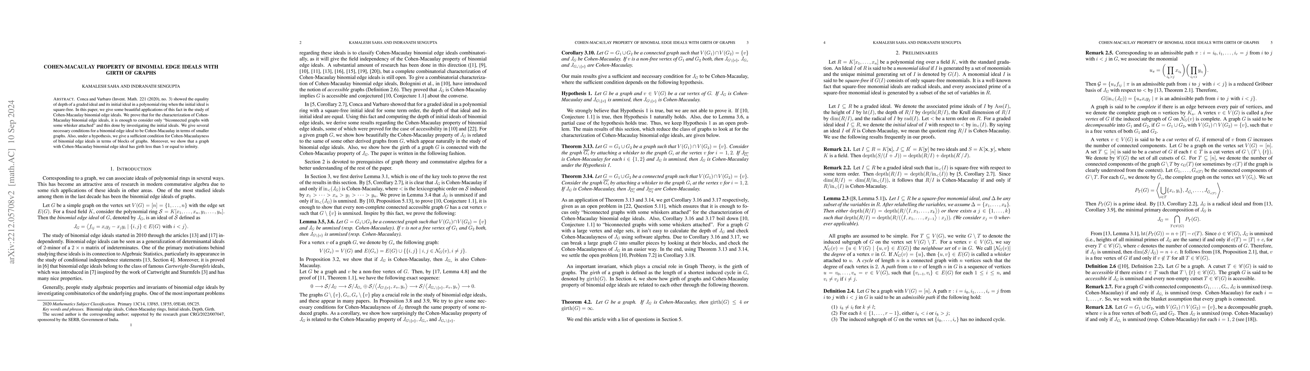 Thumbnail for Cohen-Macaulay Property of Binomial Edge Ideals with Girth of Graphs