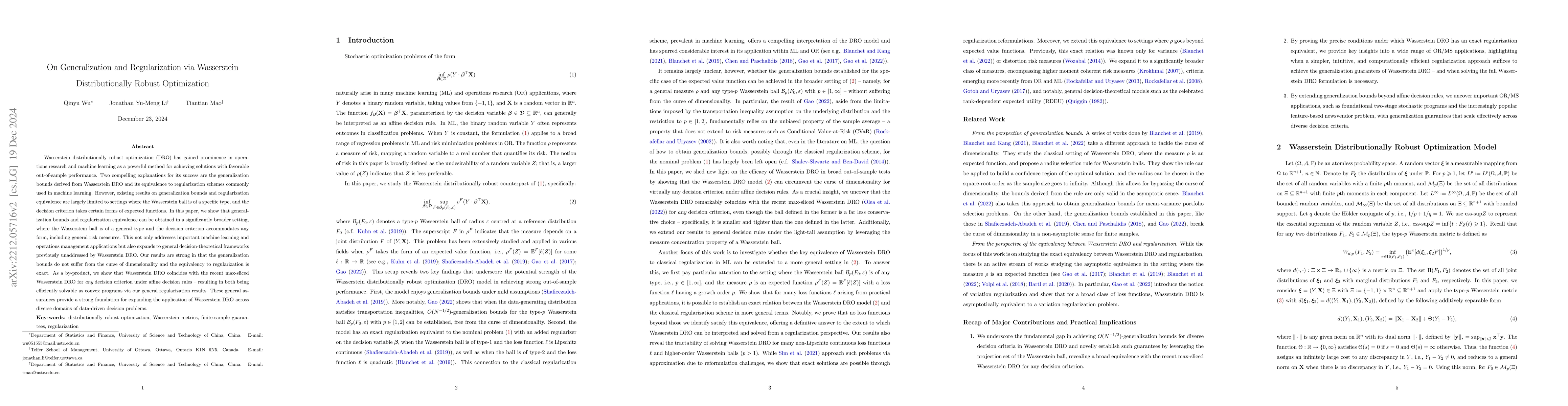 Thumbnail for On Generalization and Regularization via Wasserstein Distributionally
  Robust Optimization