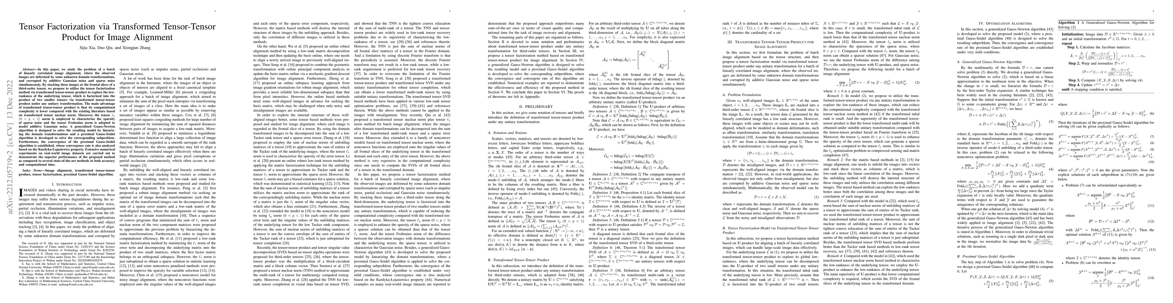 Thumbnail for Tensor Factorization via Transformed Tensor-Tensor Product for Image
  Alignment