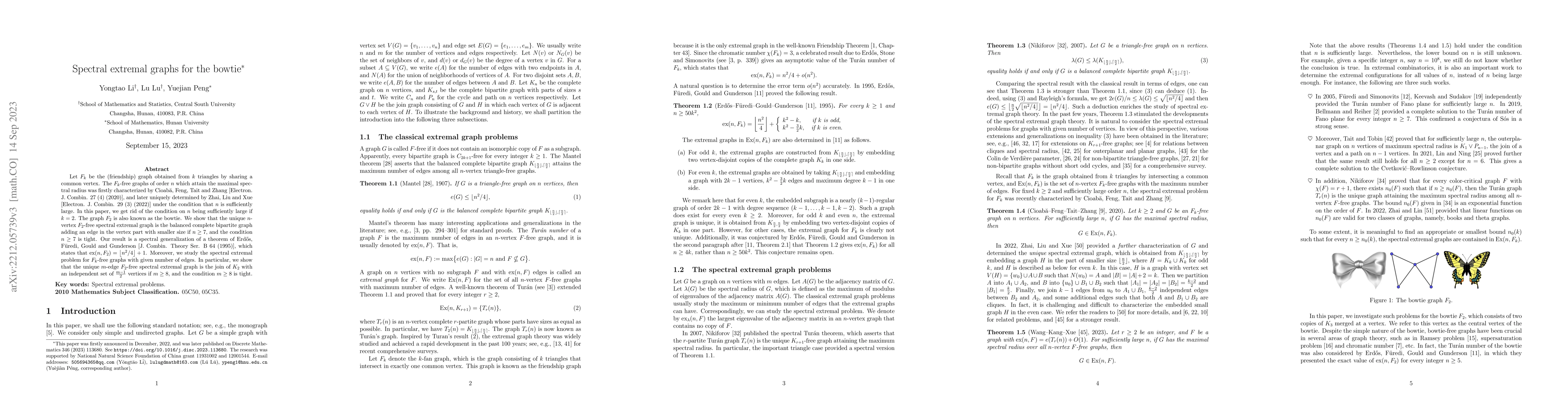 Thumbnail for Spectral extremal graphs for the bowtie