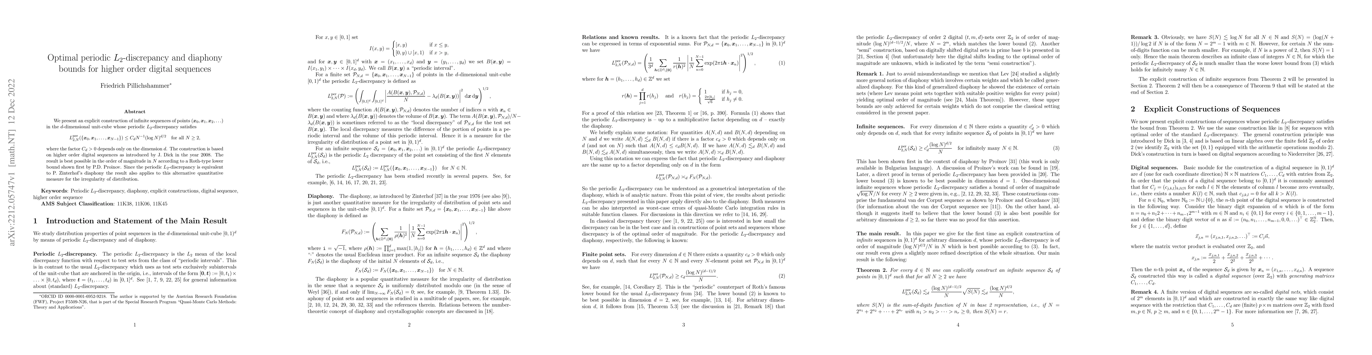 Thumbnail for Optimal periodic $L_2$-discrepancy and diaphony bounds for higher order
  digital sequences