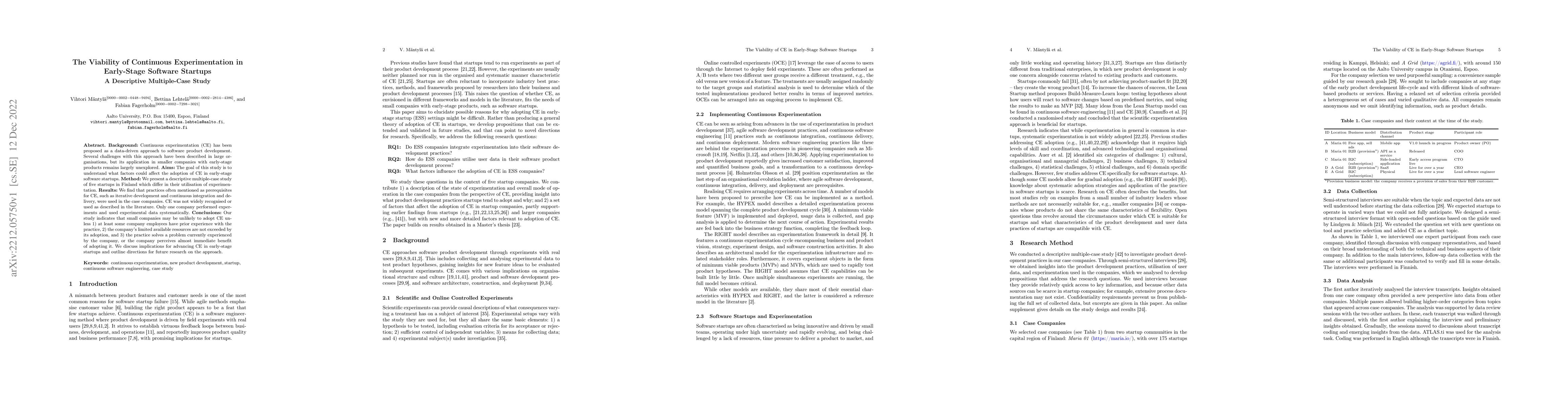 Thumbnail for The Viability of Continuous Experimentation in Early-Stage Software
  Startups: A Descriptive Multiple-Case Study