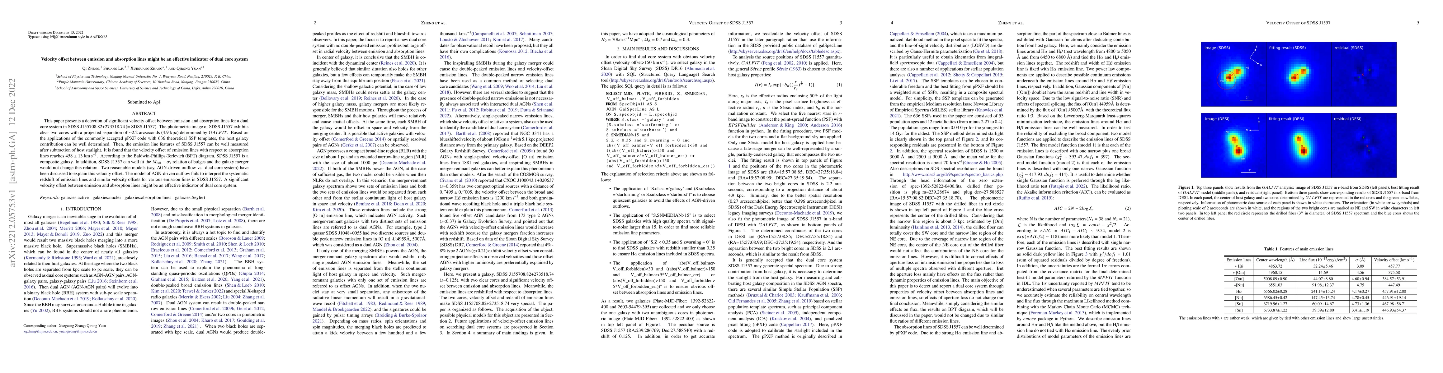 Thumbnail for Velocity offset between emission and absorption lines might be an
  effective indicator of dual core system