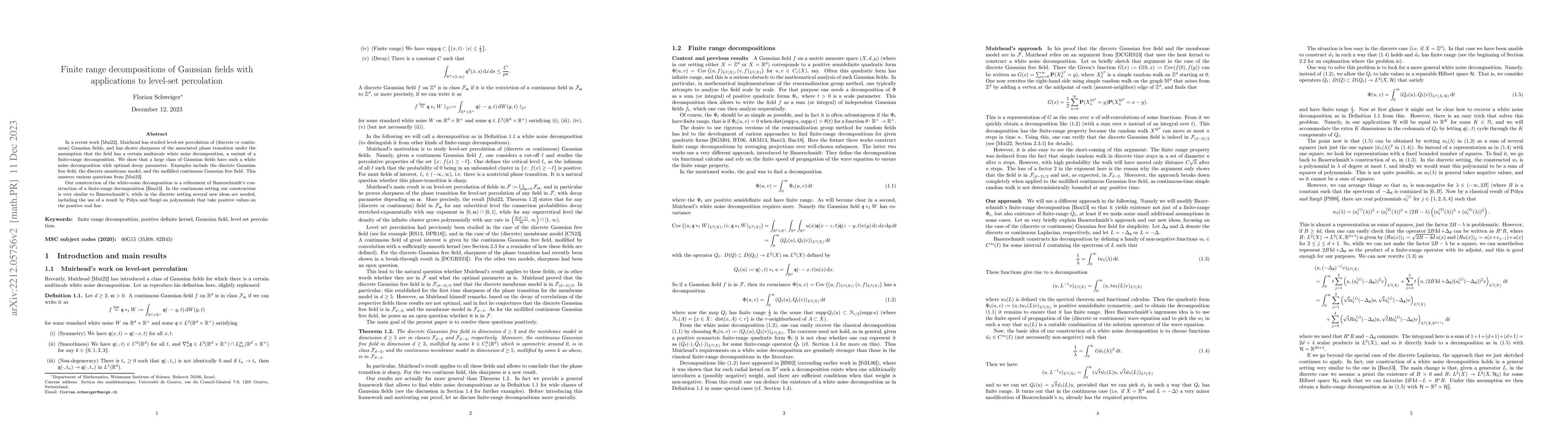 Thumbnail for Finite range decompositions of Gaussian fields with applications to
  level-set percolation