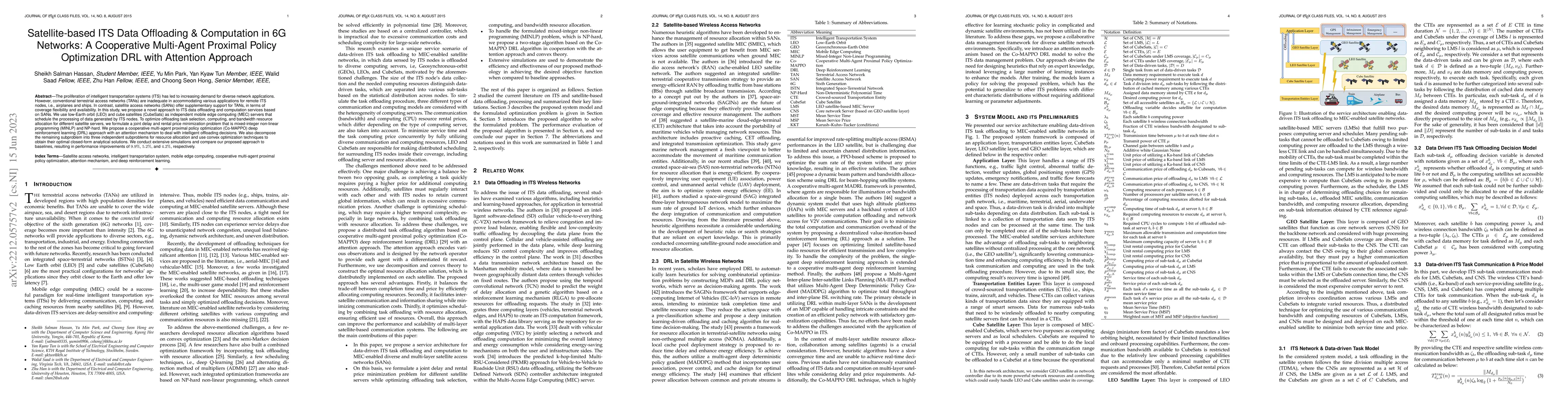 Thumbnail for Satellite-based ITS Data Offloading & Computation in 6G Networks: A
  Cooperative Multi-Agent Proximal Policy Optimization DRL with Attention
  Approach