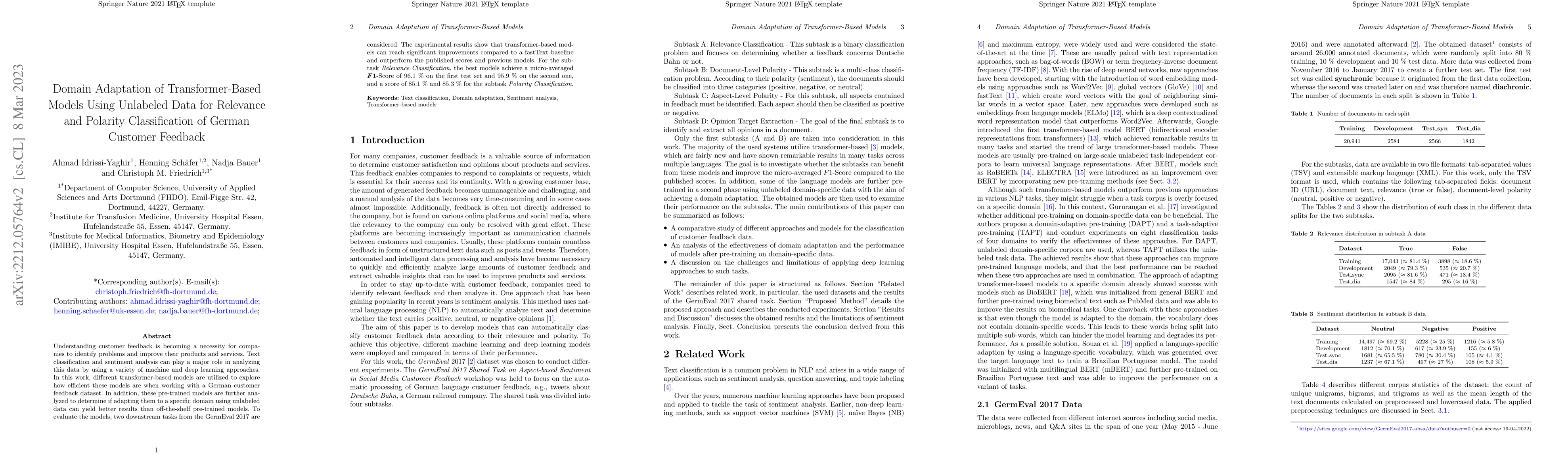 Thumbnail for Domain Adaptation of Transformer-Based Models using Unlabeled Data for
  Relevance and Polarity Classification of German Customer Feedback