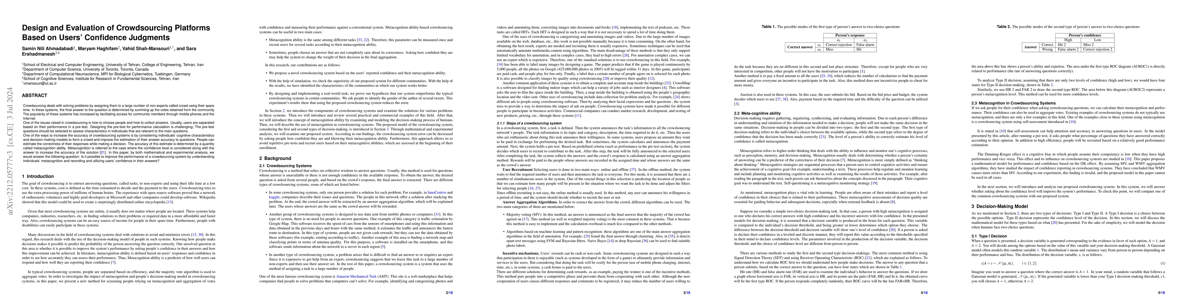 Thumbnail for Design and Evaluation of Crowd-sourcing Platforms Based on Users
  Confidence Judgments