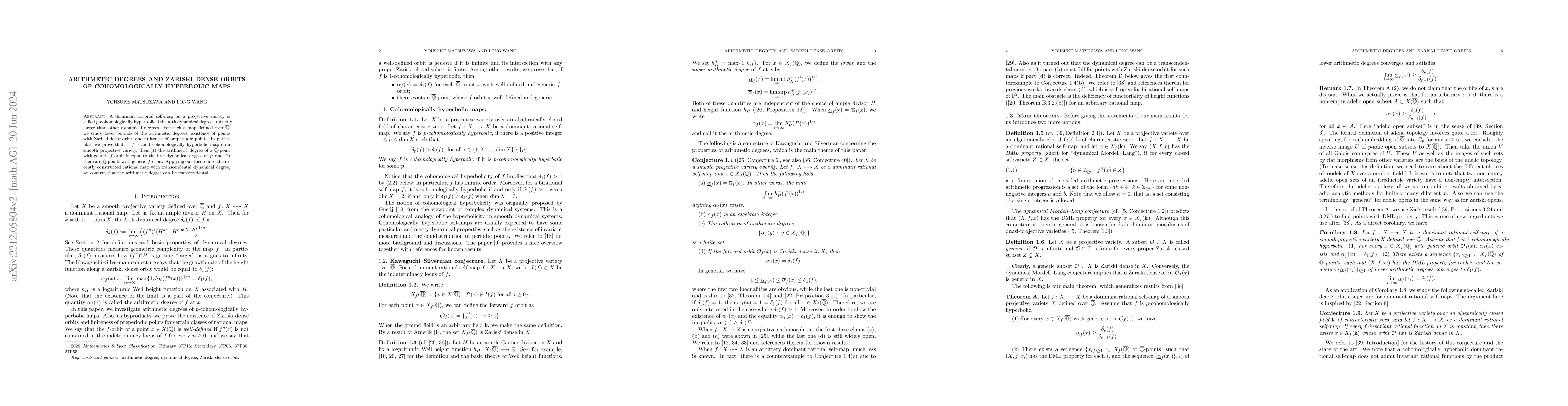 Thumbnail for Arithmetic degrees and Zariski dense orbits of cohomologically
  hyperbolic maps