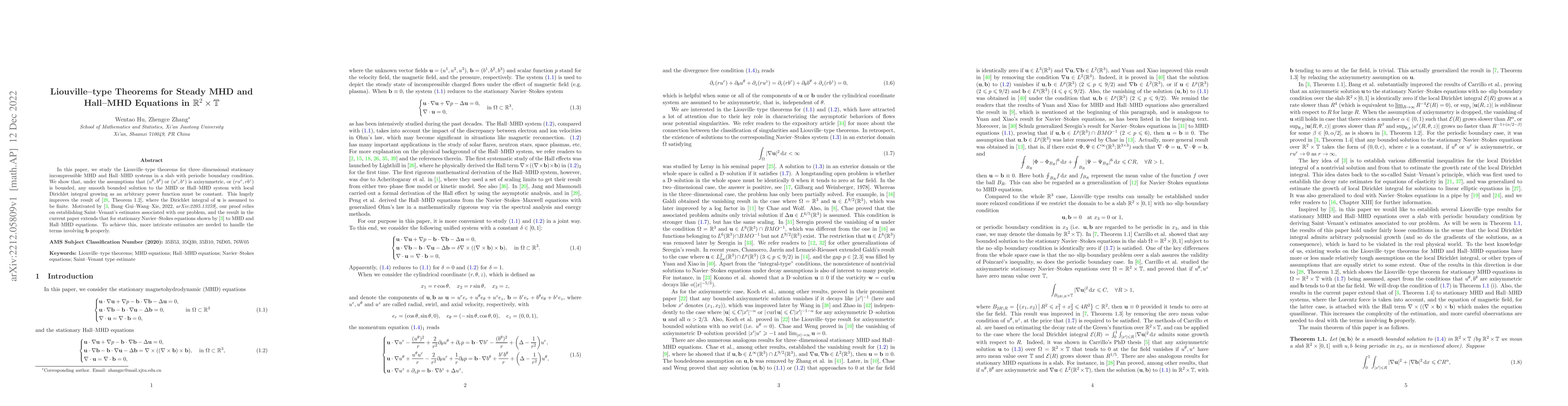 Thumbnail for Liouville--type Theorems for Steady MHD and Hall--MHD Equations in $\R^2
  \times \T$