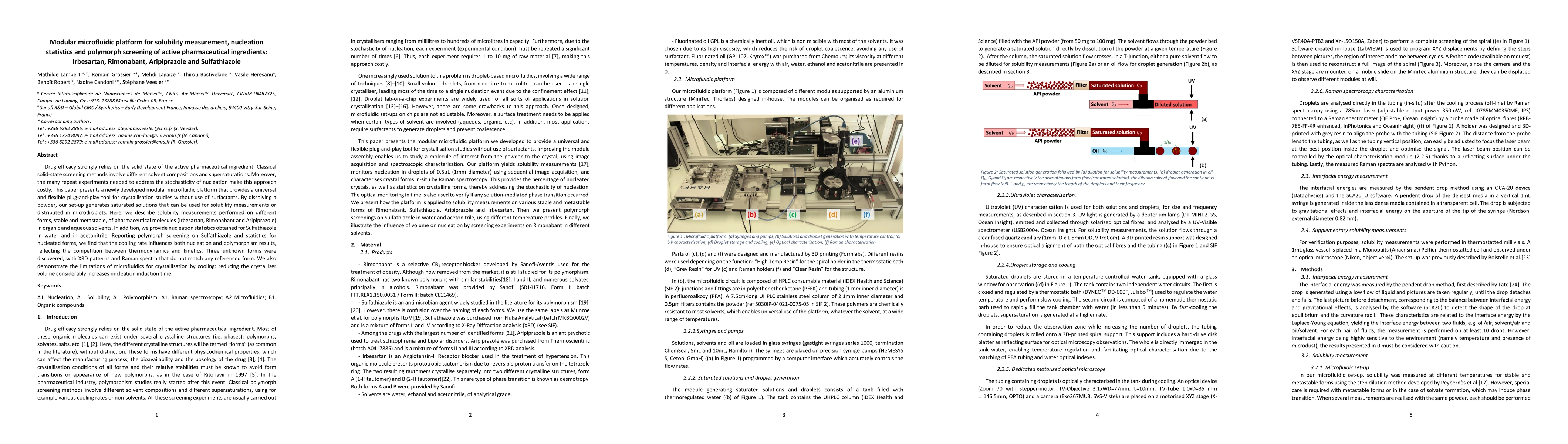 Thumbnail for Modular microfluidic platform for solubility measurement, nucleation
  statistics and polymorph screening of active pharmaceutical ingredients:
  Irbesartan, Rimonabant, Aripiprazole and Sulfathiazole