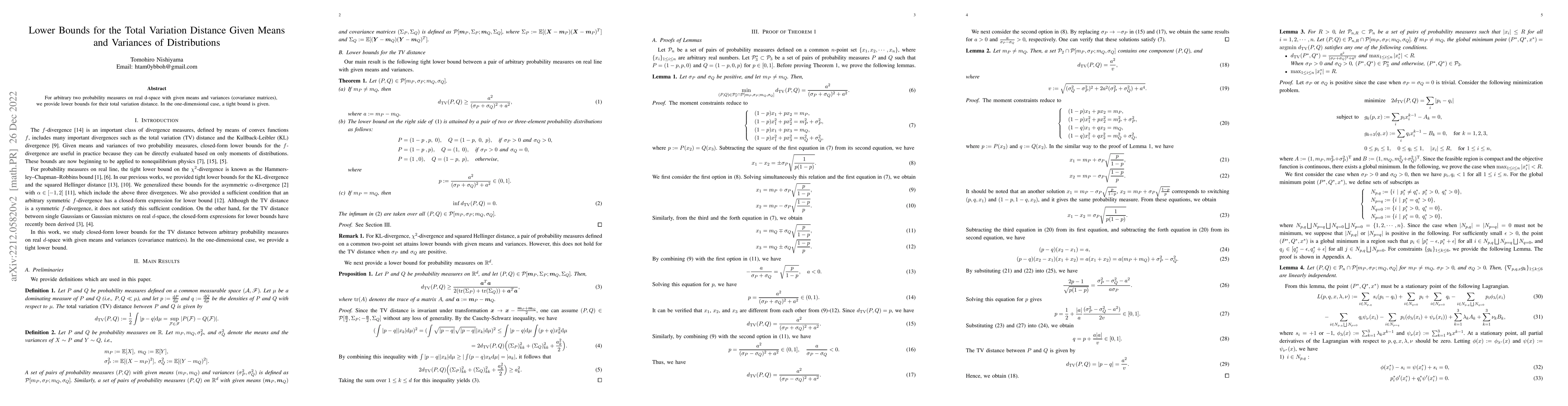 Thumbnail for Lower Bounds for the Total Variation Distance Given Means and Variances
  of Distributions