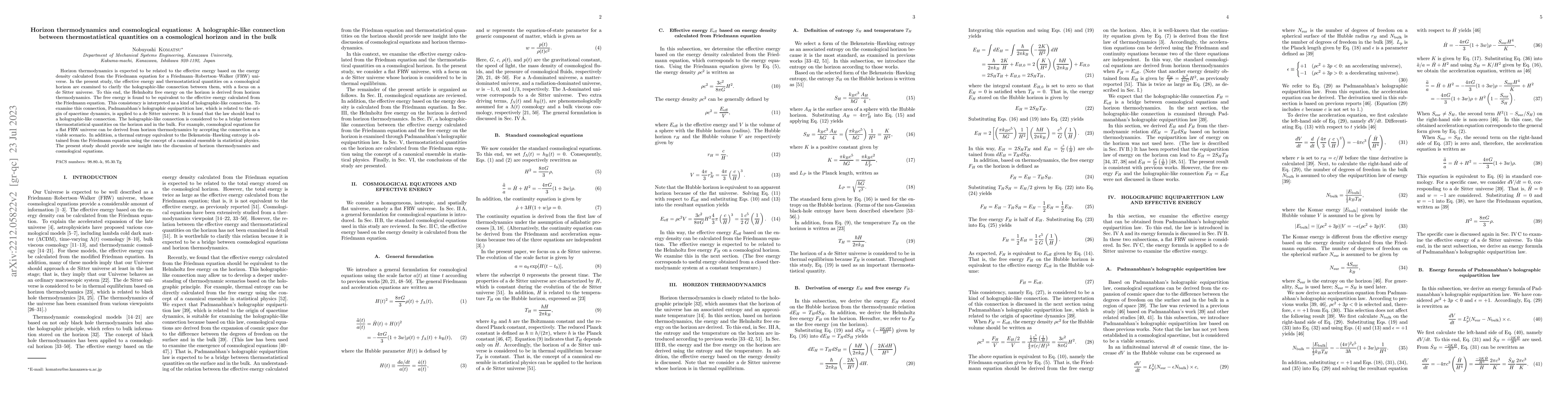 Thumbnail for Horizon thermodynamics and cosmological equations: A holographic-like
  connection between thermostatistical quantities on a cosmological horizon and
  in the bulk
