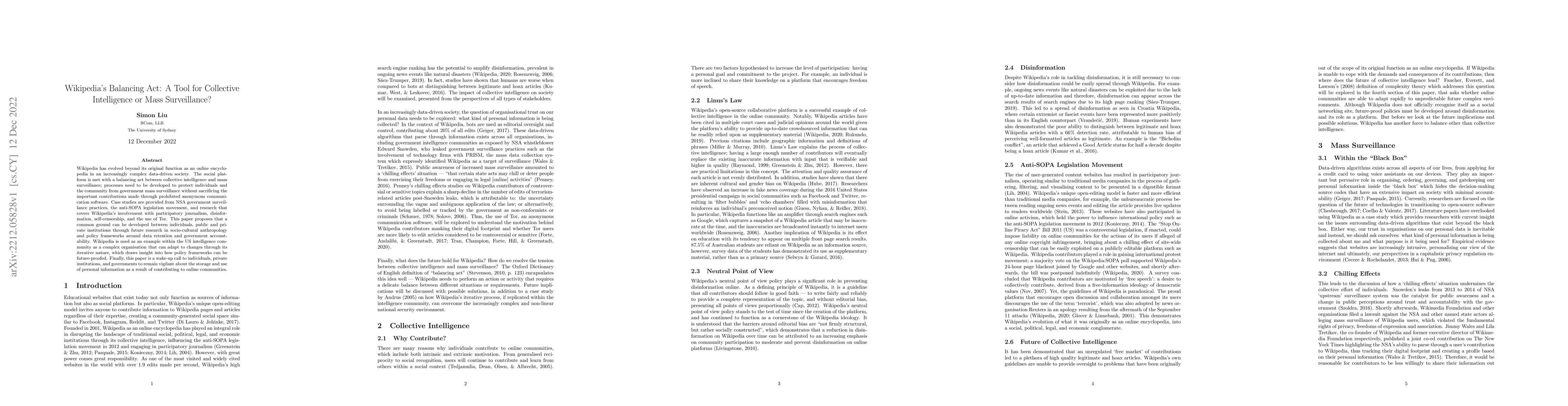 Thumbnail for Wikipedia's Balancing Act: A Tool for Collective Intelligence or Mass
  Surveillance?