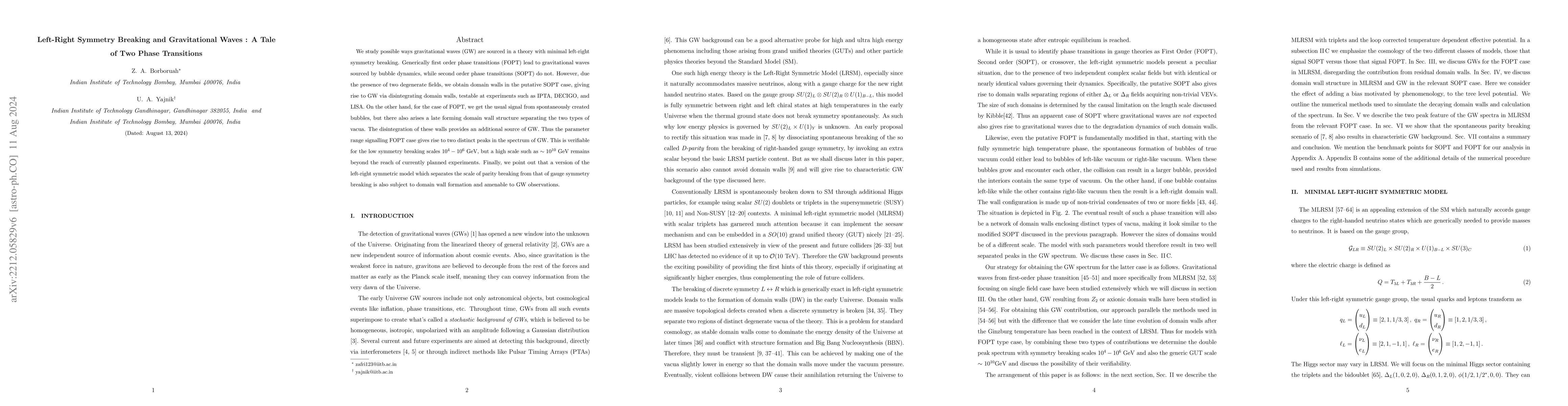 Thumbnail for Left-Right Symmetry Breaking and Gravitational Waves : A Tale of Two
  Phase Transitions