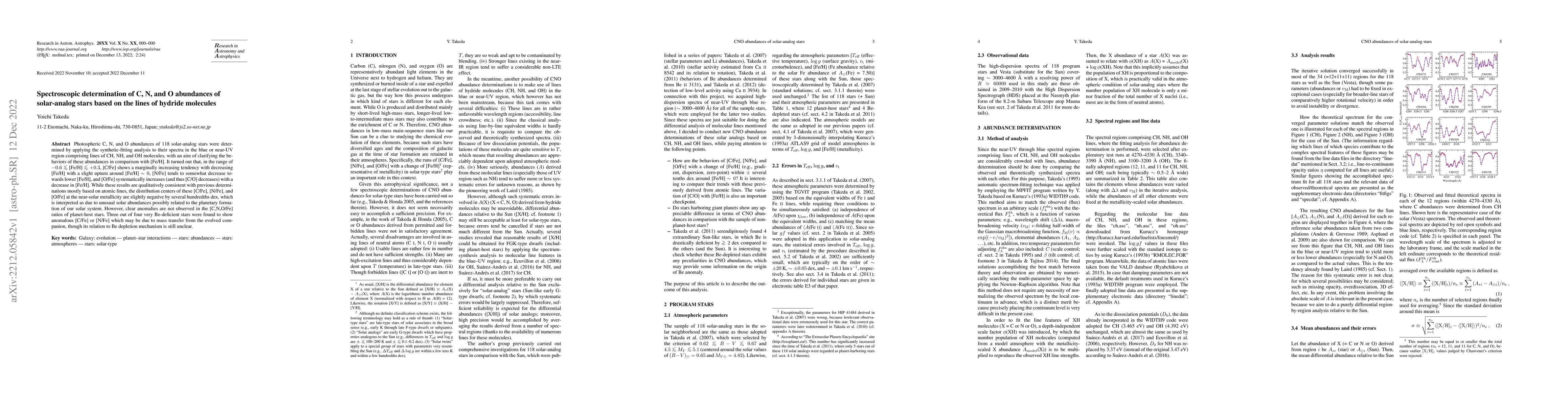 Thumbnail for Spectroscopic determination of C, N, and O abundances of solar-analog
  stars based on the lines of hydride molecules