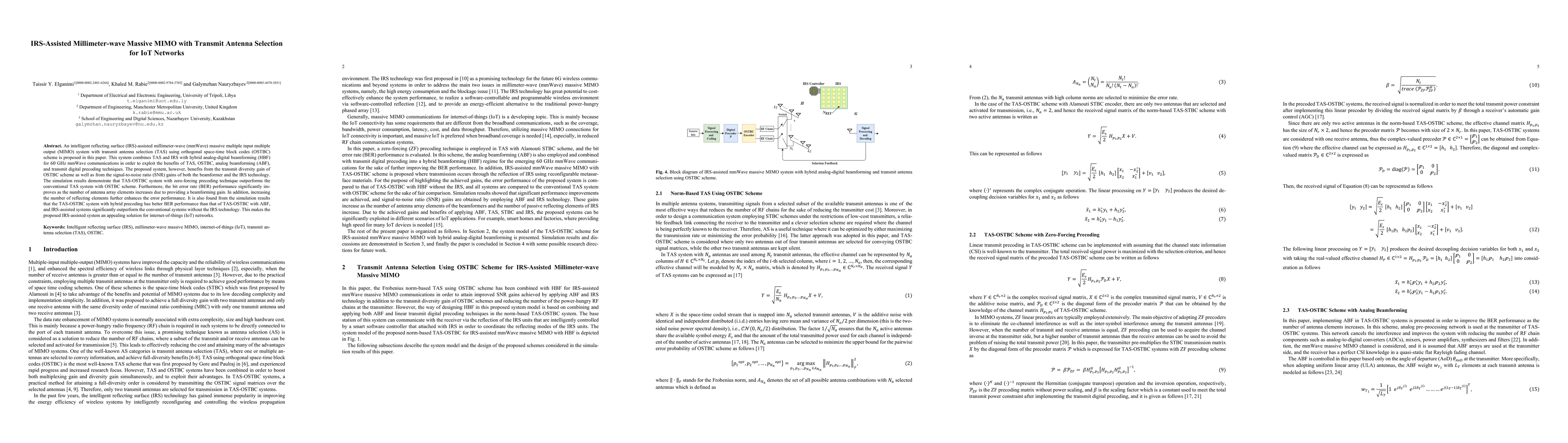 Thumbnail for IRS-Assisted Millimeter-wave Massive MIMO with Transmit Antenna
  Selection for IoT Networks