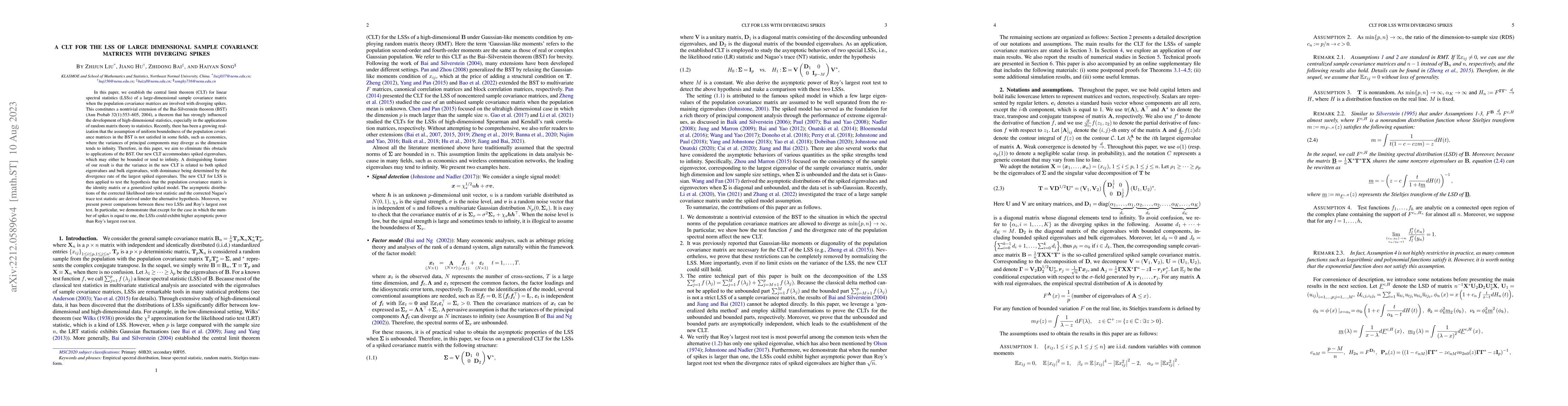 Thumbnail for A CLT for the LSS of large dimensional sample covariance matrices with
  diverging spikes