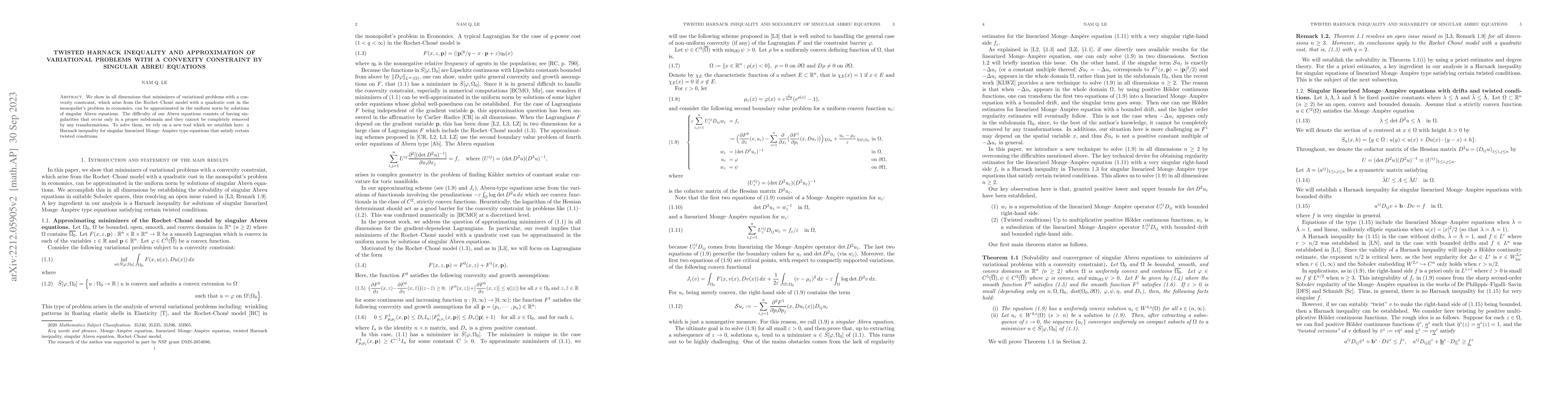 Thumbnail for Twisted Harnack inequality and approximation of variational problems
  with a convexity constraint by singular Abreu equations