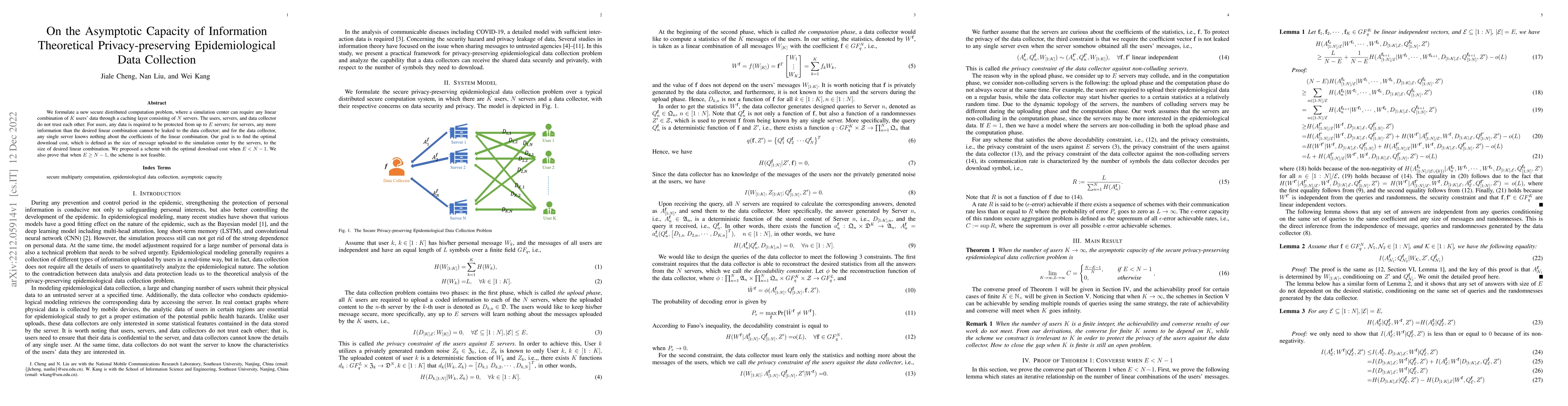 Thumbnail for On the Asymptotic Capacity of Information Theoretical Privacy-preserving
  Epidemiological Data Collection
