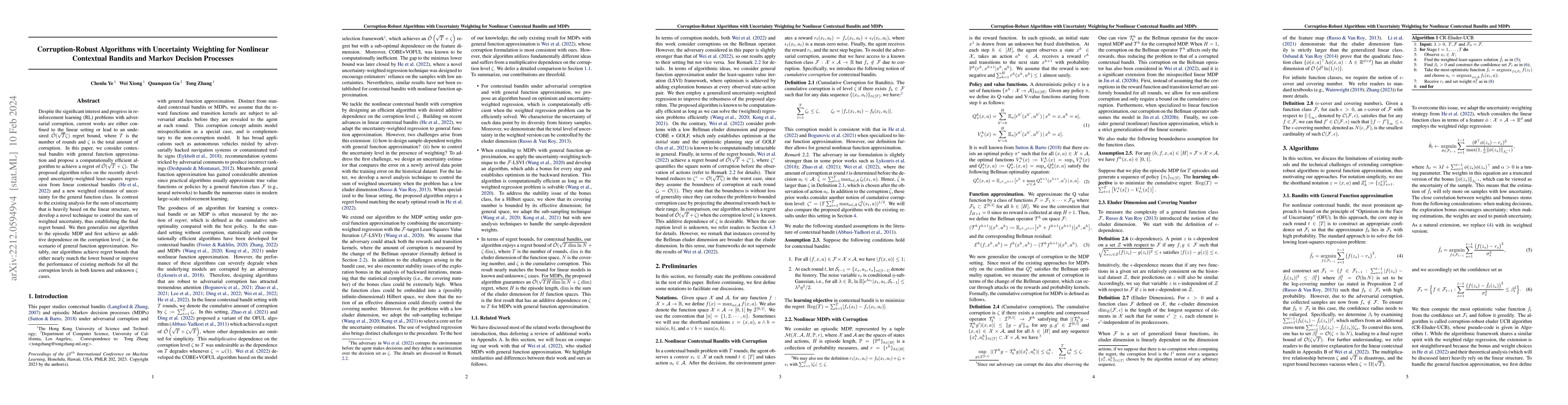 Thumbnail for Corruption-Robust Algorithms with Uncertainty Weighting for Nonlinear
  Contextual Bandits and Markov Decision Processes