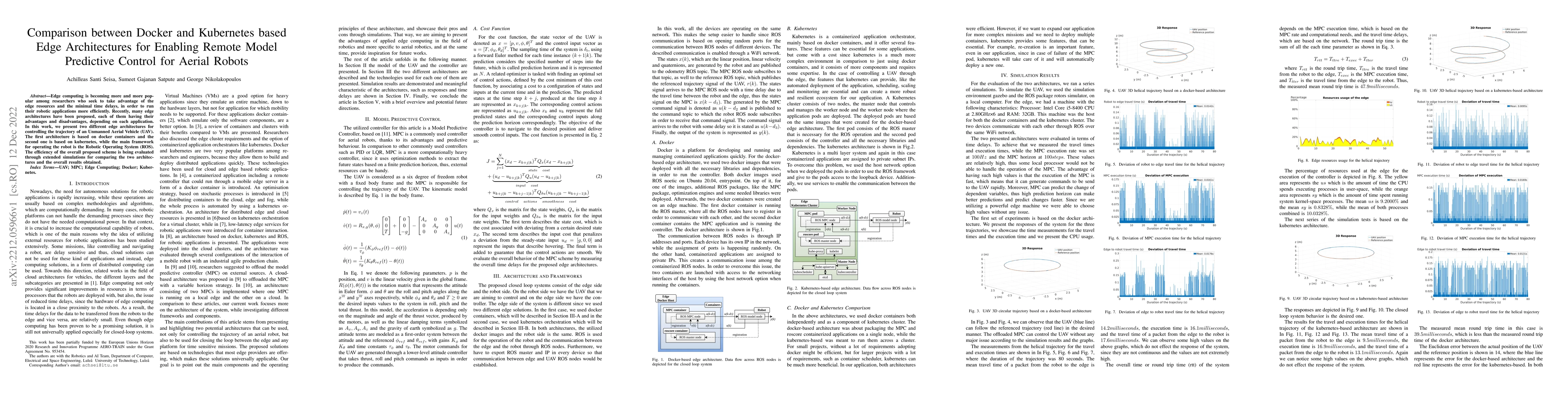 Thumbnail for Comparison between Docker and Kubernetes based Edge Architectures for
  Enabling Remote Model Predictive Control for Aerial Robots