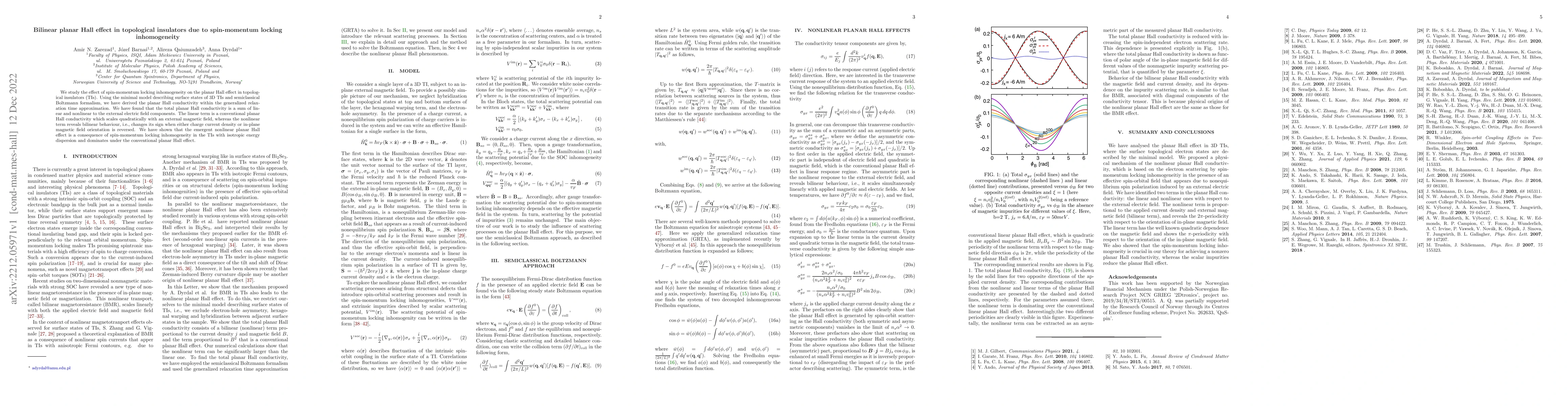 Thumbnail for Bilinear planar Hall effect in topological insulators due to
  spin-momentum locking inhomogeneity