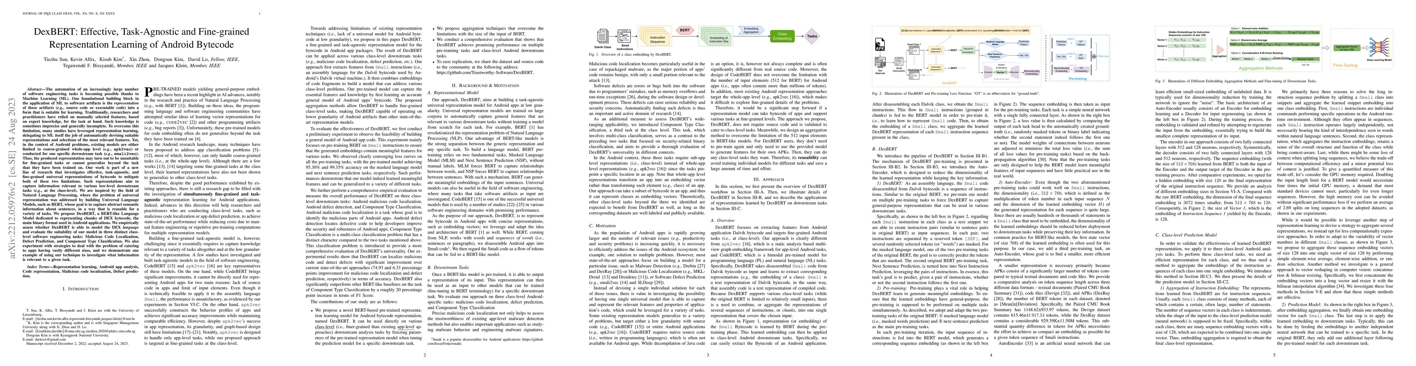Thumbnail for DexBERT: Effective, Task-Agnostic and Fine-grained Representation
  Learning of Android Bytecode