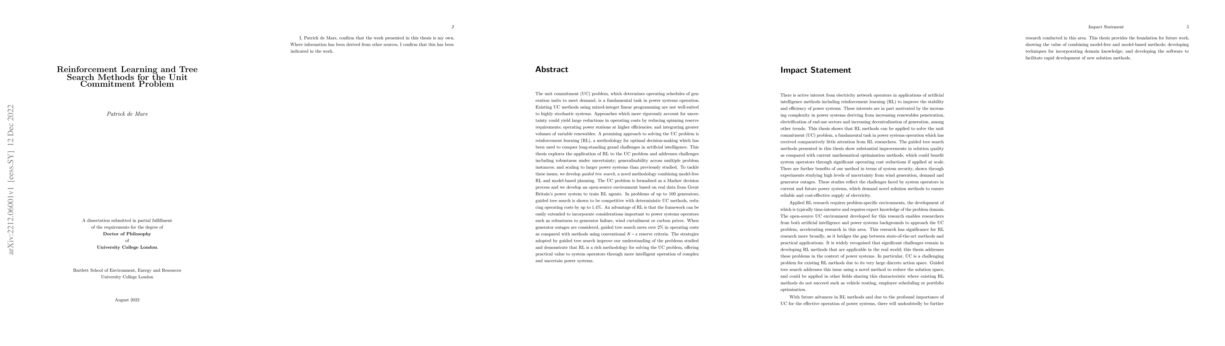 Thumbnail for Reinforcement Learning and Tree Search Methods for the Unit Commitment
  Problem