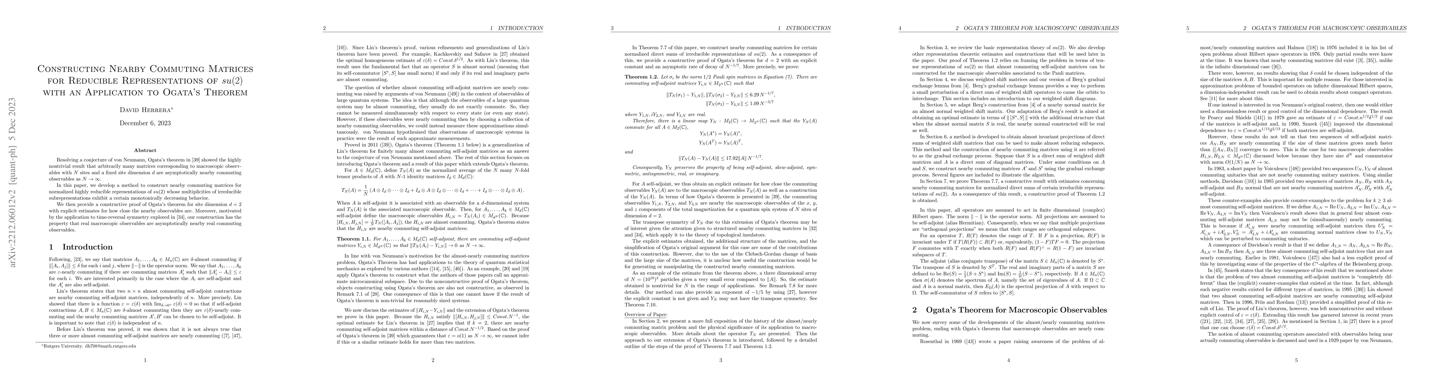 Thumbnail for Constructing Nearby Commuting Matrices for Reducible Representations of
  $su(2)$ with an Application to Ogata's Theorem