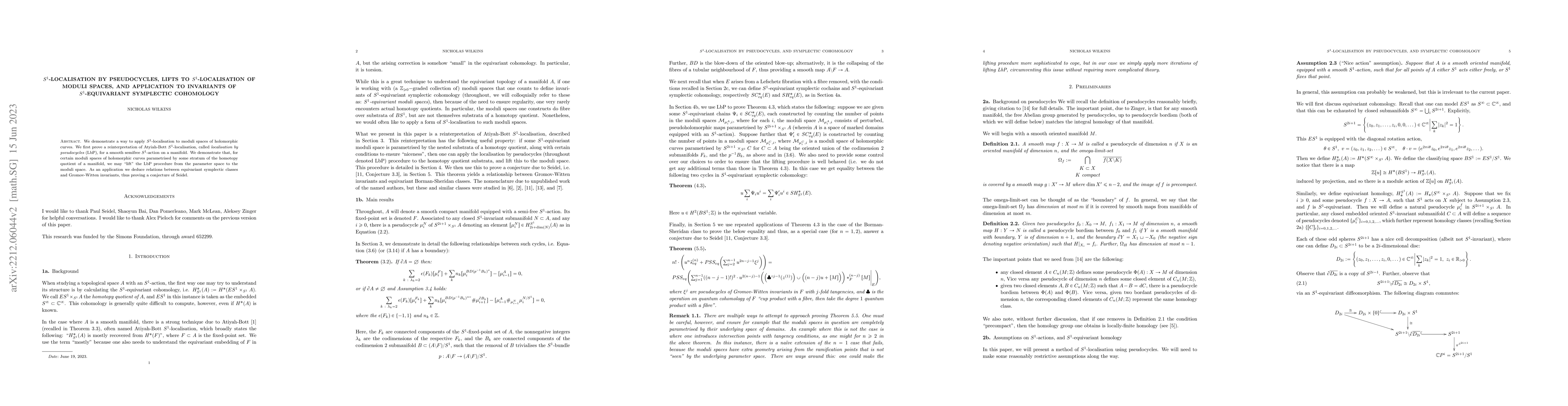 Thumbnail for $S^1$-localisation by pseudocycles, lifts to $S^1$-localisation of
  moduli spaces, and application to invariants of $S^1$-equivariant symplectic
  cohomology