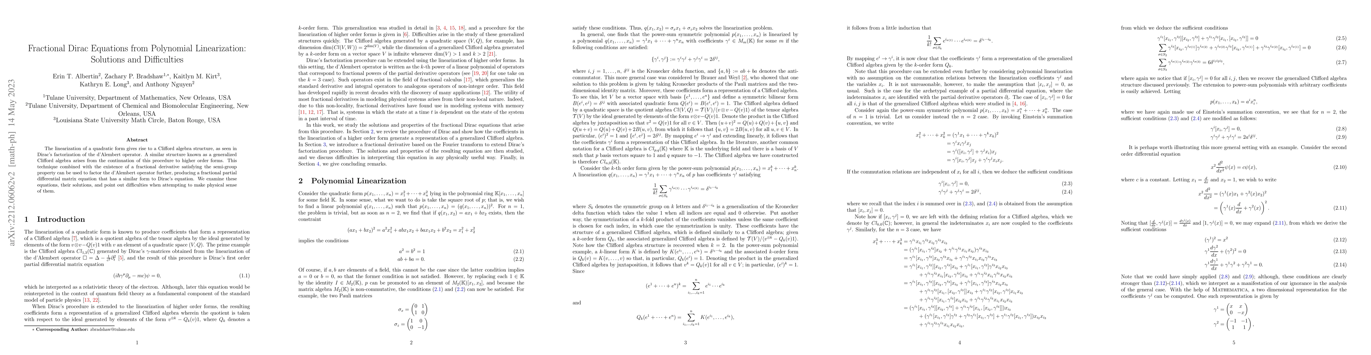 Thumbnail for Fractional Dirac Equations from Polynomial Linearization: Solutions and
  Difficulties