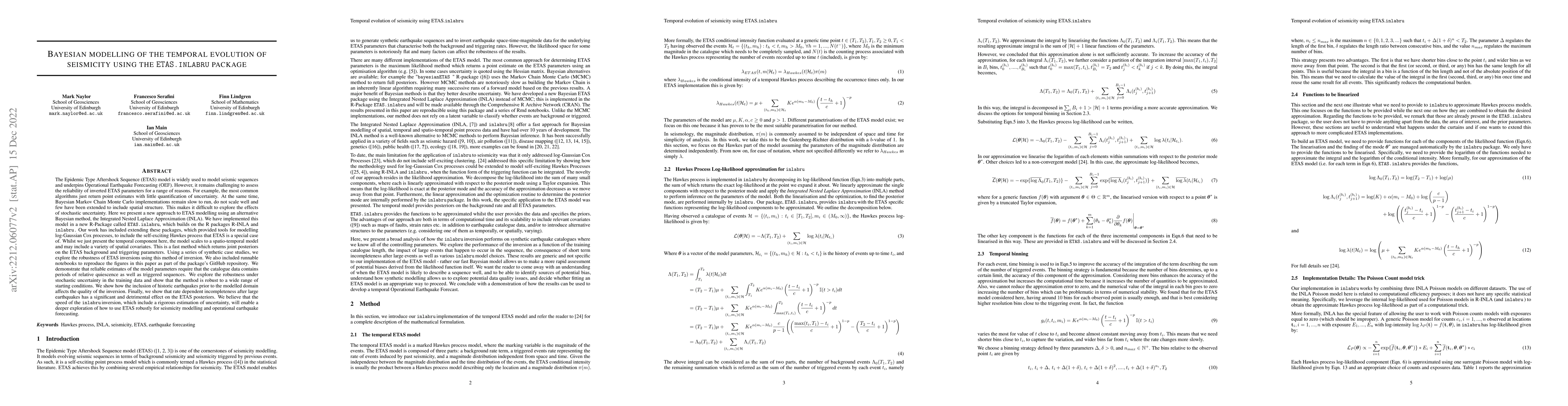 Thumbnail for Bayesian modelling of the temporal evolution of seismicity using the
  ETAS.inlabru R-package
